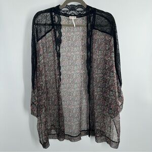 Intimately Free People Floral Black Lace Trim Sheer Kimono